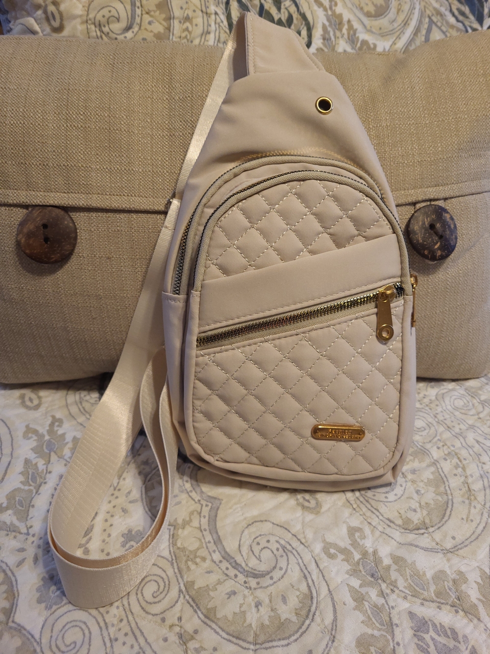 Quilted Cream Crossbody Sling Bag with Gold Hardware